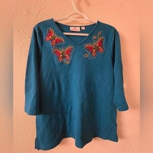 Quacker Factory Teal Top with Red Butterfly Embellishments